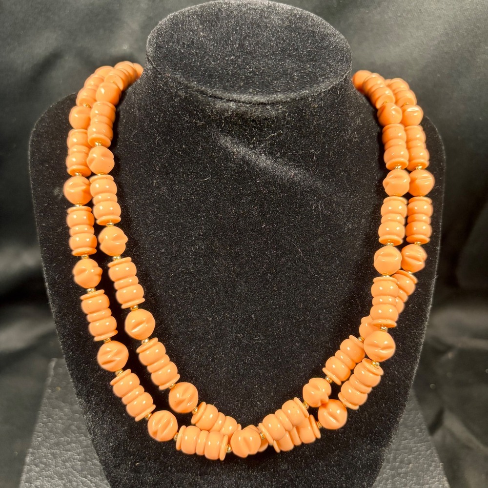 Vintage Hong Kong Genuine Lucite Bead Necklace Pink Coral 45 Inch Long Strand